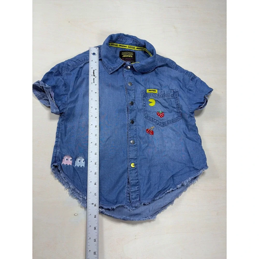 Justice Girls Pac-Man Denim Shirt Blue Short Sleeve Lyocell High Low Hem XS 5/6